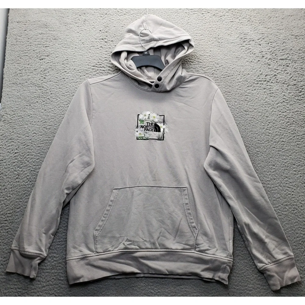 The North Face Hoodie Mens M Gray Floral Embroidered Logo Long Sleeve Snap Neck